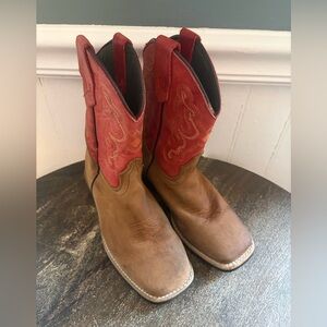 J.B. Dillon Kids Cowboy Boots Brown Leather Red Embroidered Shaft Size 13.5C